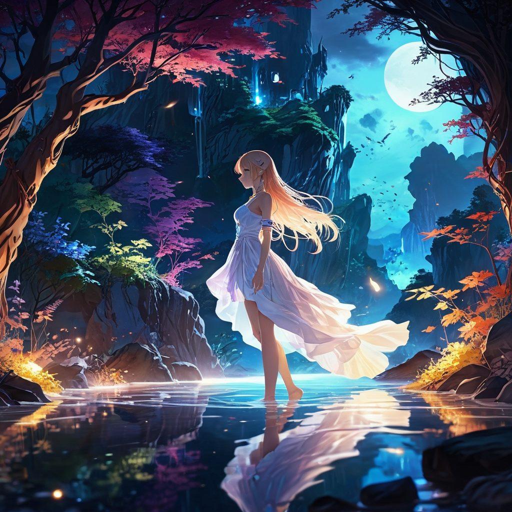 A captivating scene depicting a fantasy anime world filled with vibrant, seductive characters engaged in intimate activities, showcasing a blend of intricate details and bold colors. The background features a whimsical landscape adorned with surreal elements and ethereal lighting, highlighting the sensuality of the artwork. Soft, flowing lines enhance the somber yet alluring mood of the image, inviting viewers into this fascinating realm. anime style. vibrant colors. ethereal ambiance.